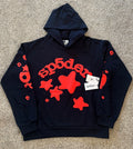 Navy blue hoodie with red graphics 