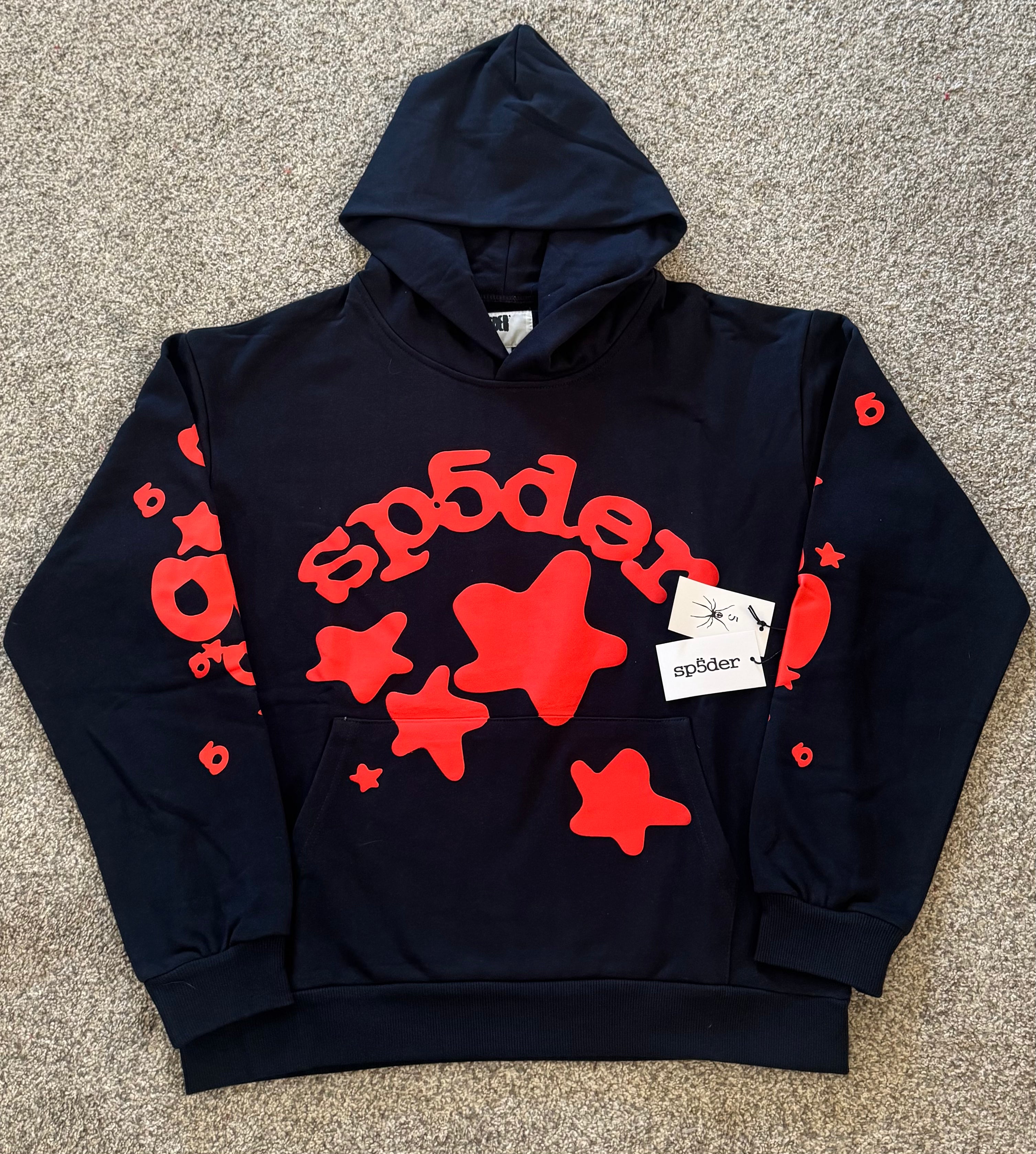Navy blue hoodie with red graphics 